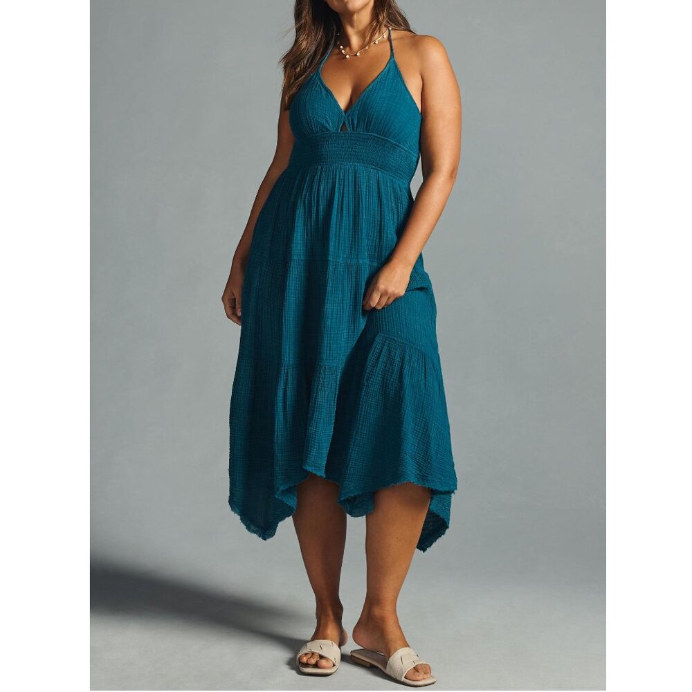 Anthropologie The Teagan Smocked Halter Sundress Dress Blue 100% Cotton XL